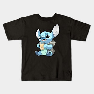 Cute Stitch loves boba tea Kids T-Shirt